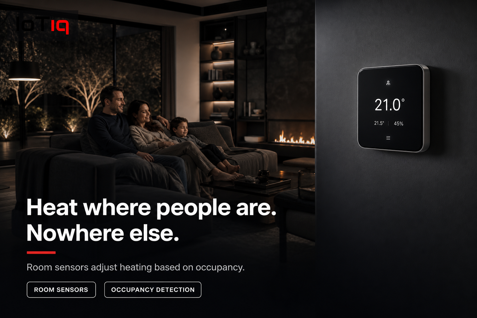 Smart thermostat in a modern living room with family, demonstrating occupancy-based heating control.