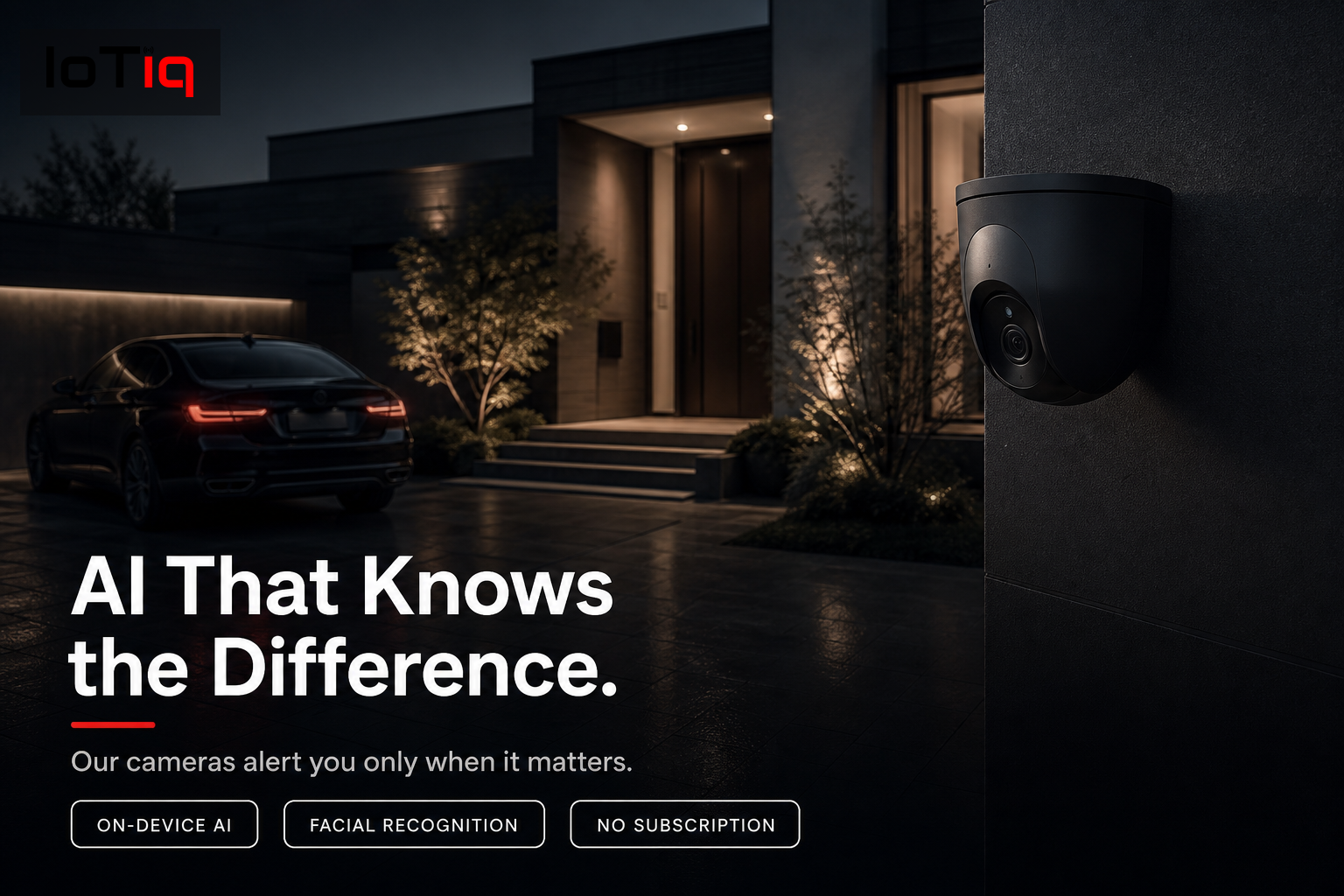 Luxury home security camera with AI recognition capturing driveway and front entrance