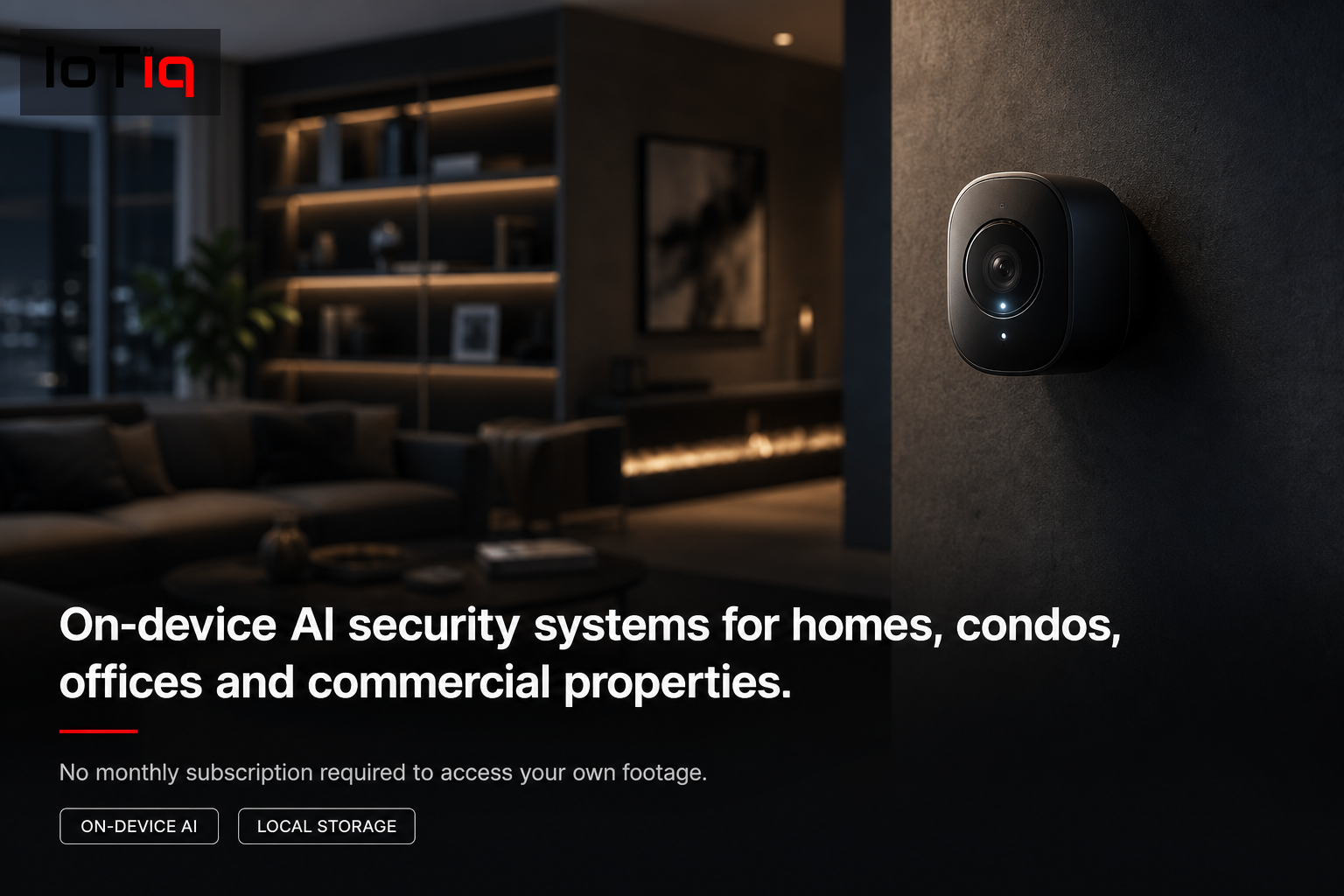 Luxury smart home living room with on-device AI security camera mounted on the wall