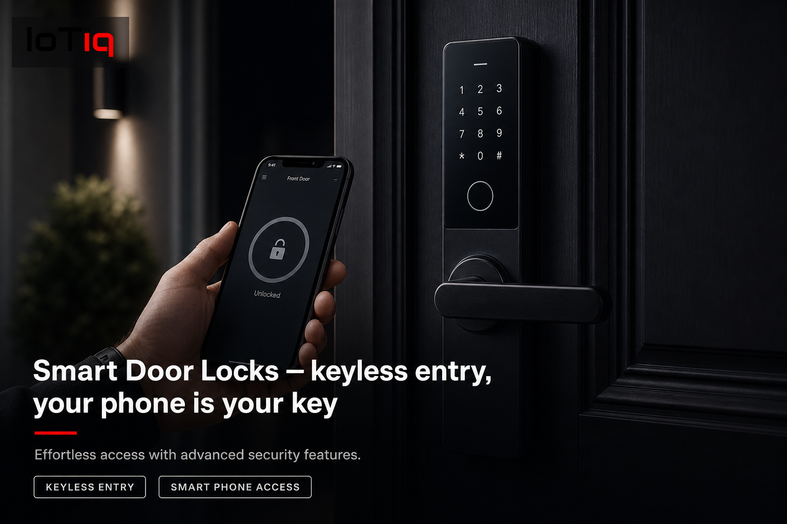 Modern front door with IoTiq smart door lock and a smartphone for keyless entry