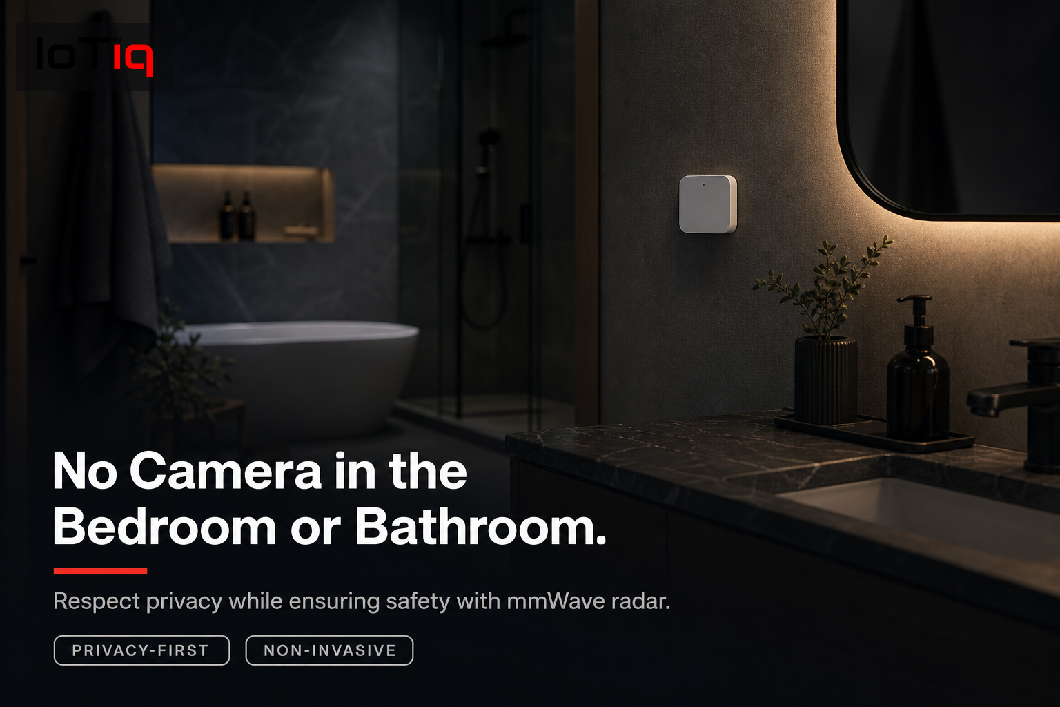 Bathroom with discreet non-camera device for privacy-first senior care