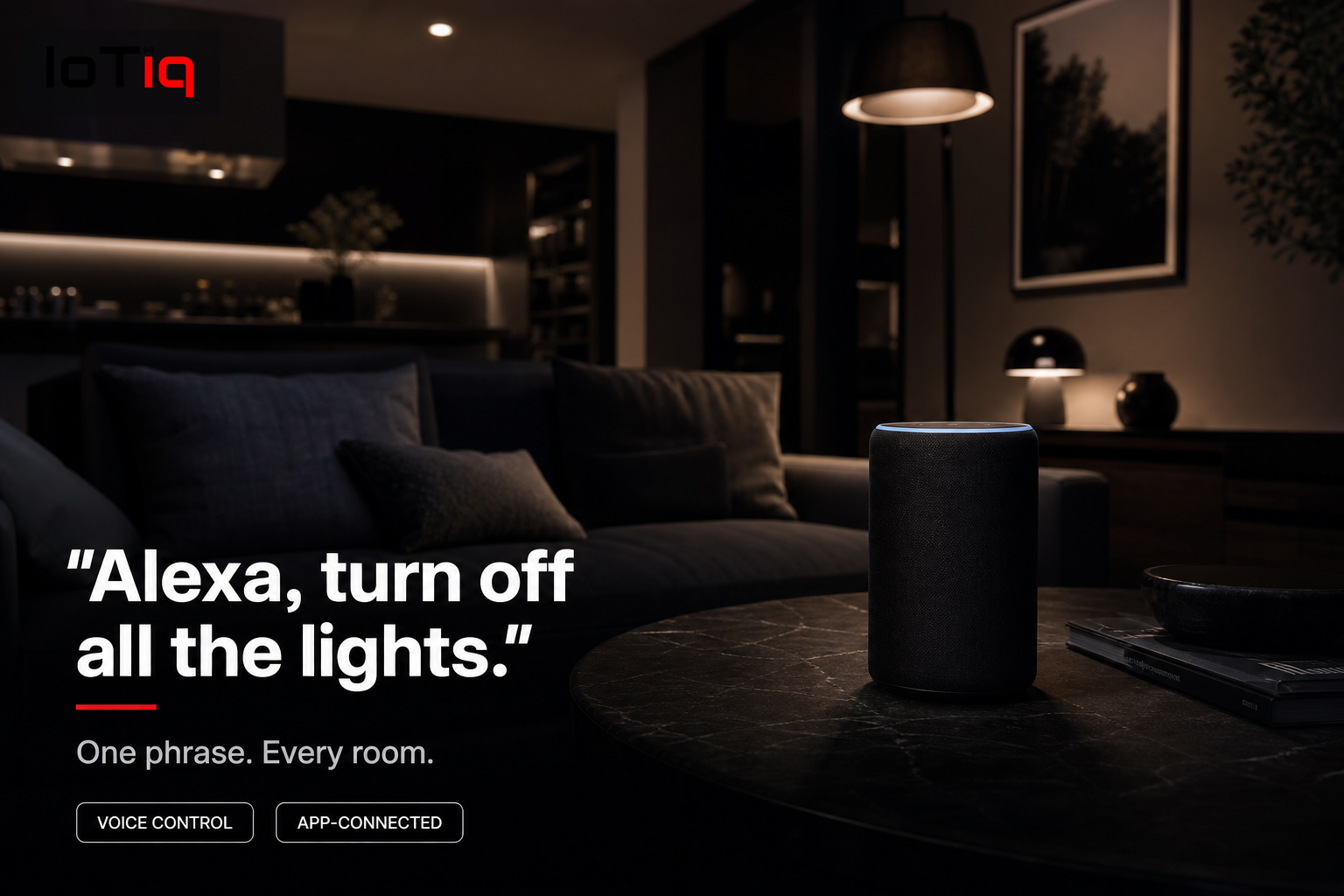 Modern living room with voice-controlled smart lighting and smart speaker