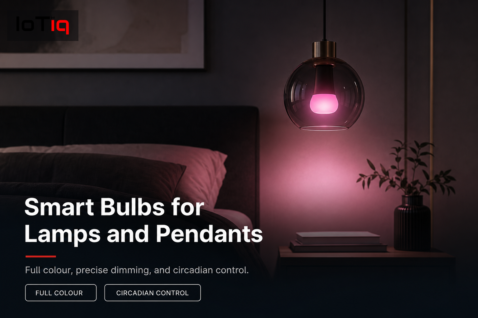 Stylish bedroom with smart bulb in pendant light