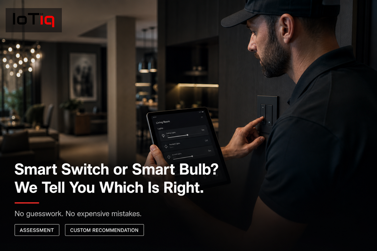 Professional technician assessing smart lighting needs with a tablet
