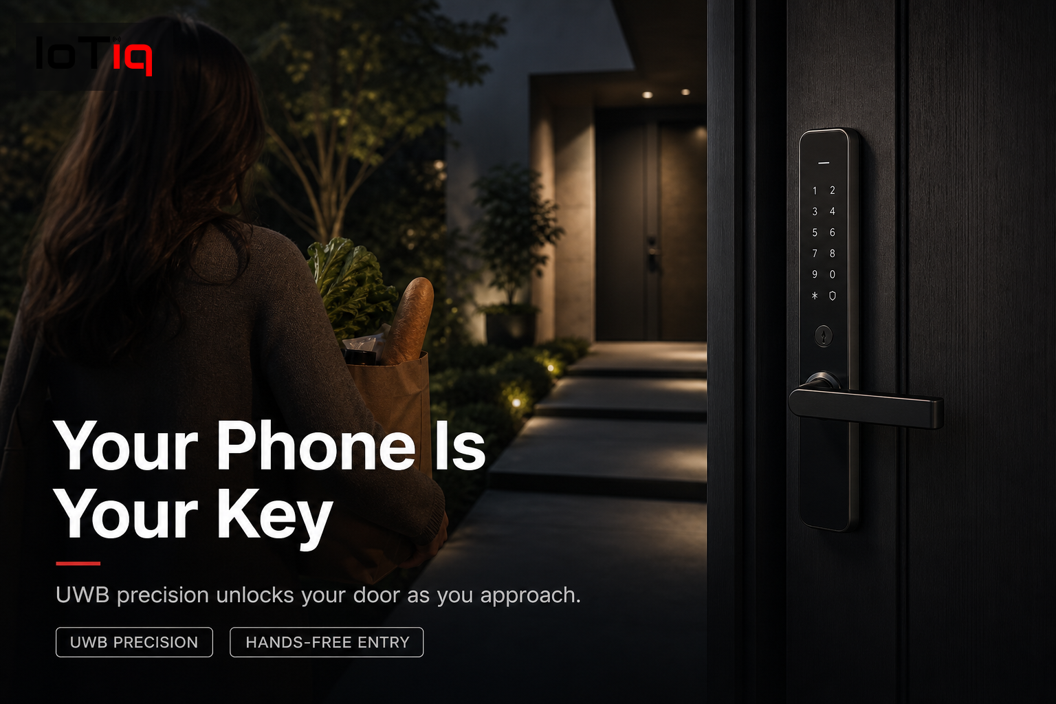 Smart door lock on a luxury home entrance using UWB technology for keyless entry