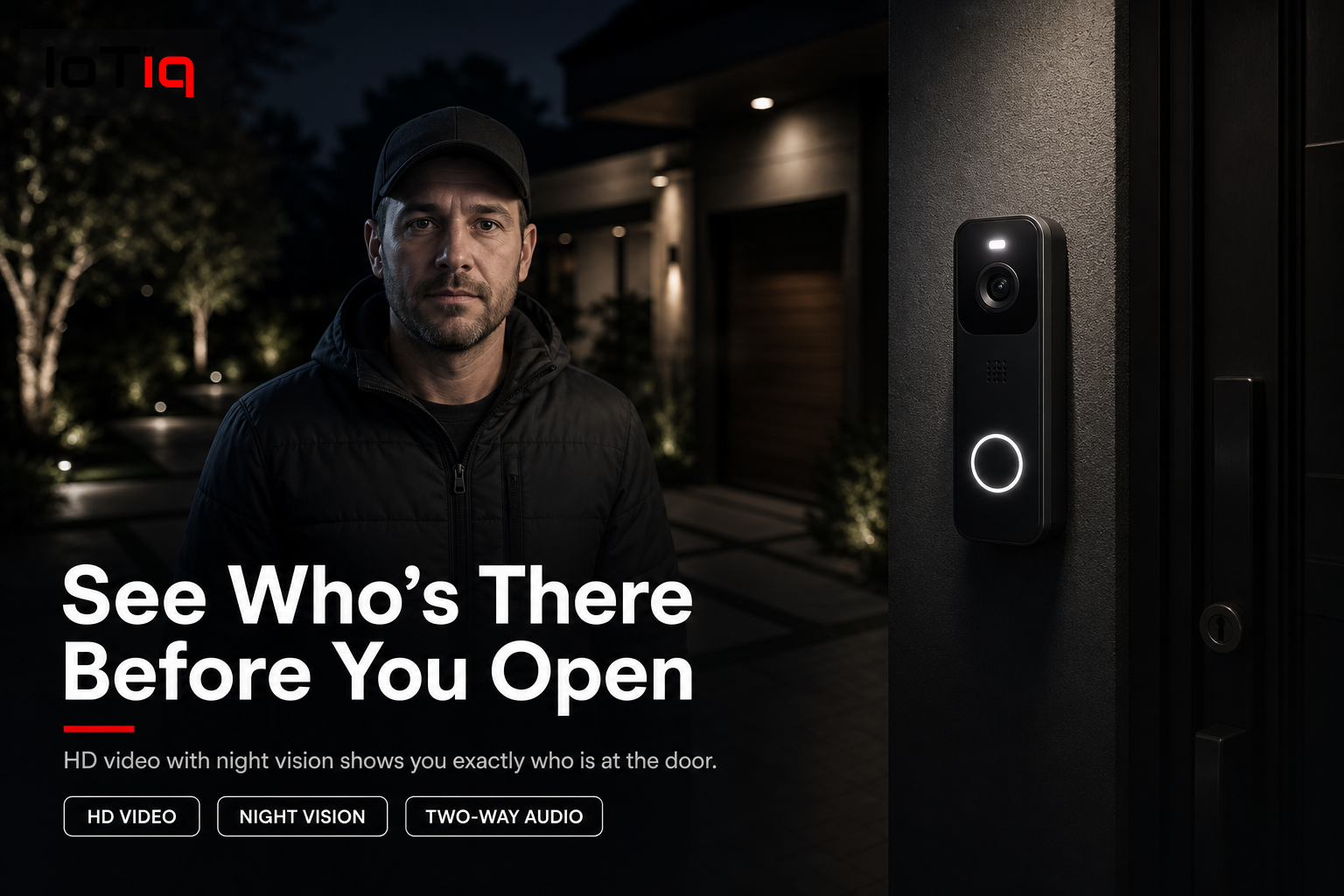 Smart video doorbell with HD video and night vision at a modern home entrance