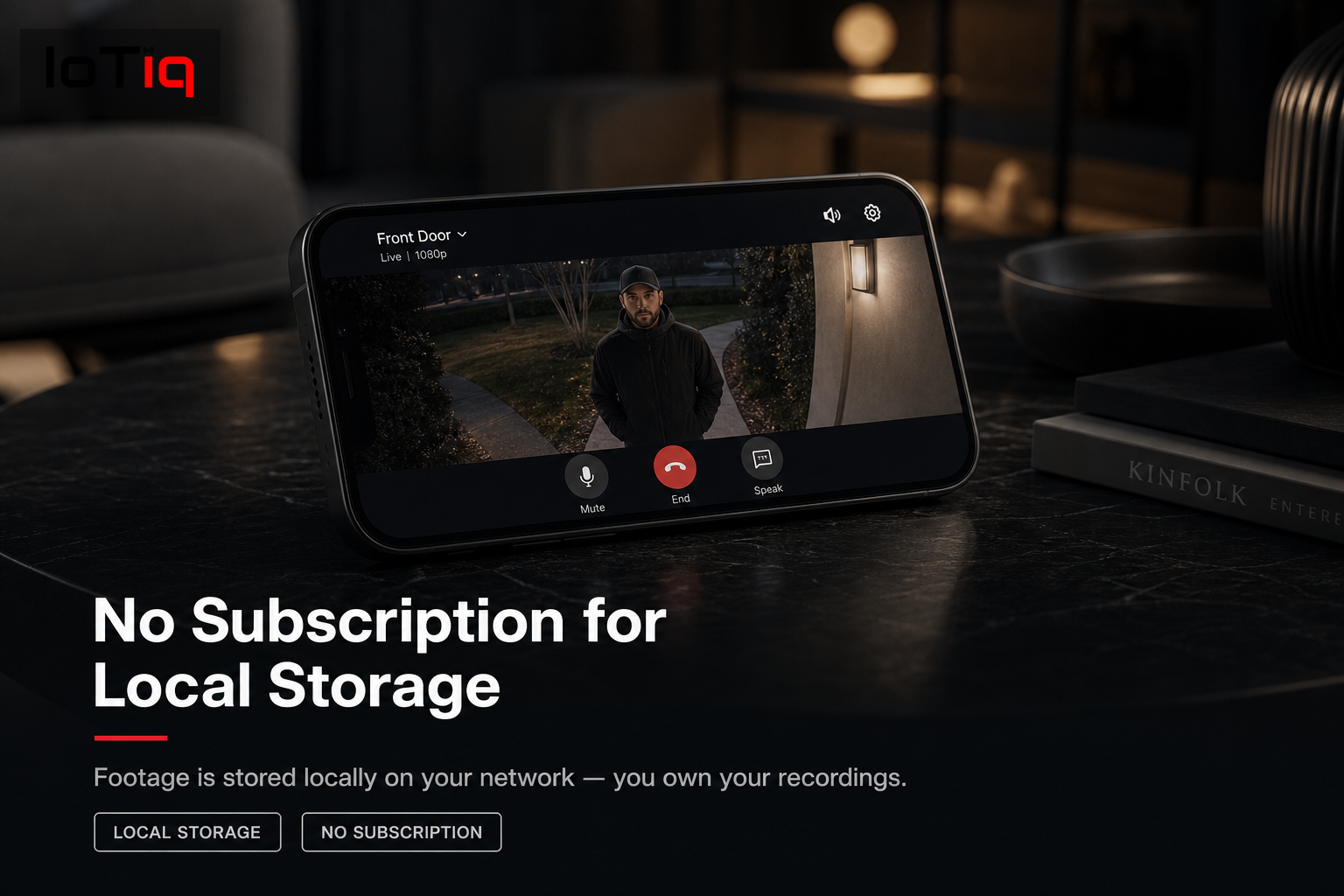 Smartphone displaying smart doorbell live feed with local storage