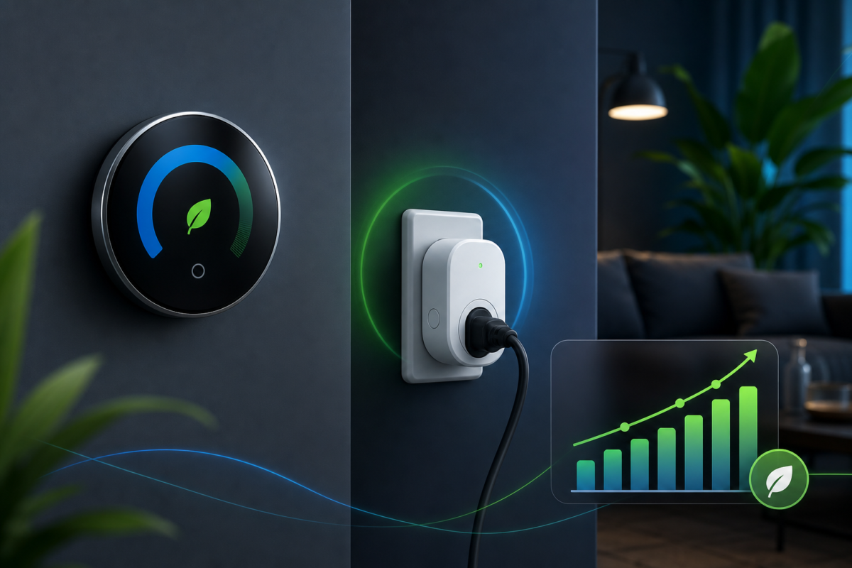 Smart thermostat and energy monitoring smart plug illustration with a savings graph icon, representing energy-saving smart home devices