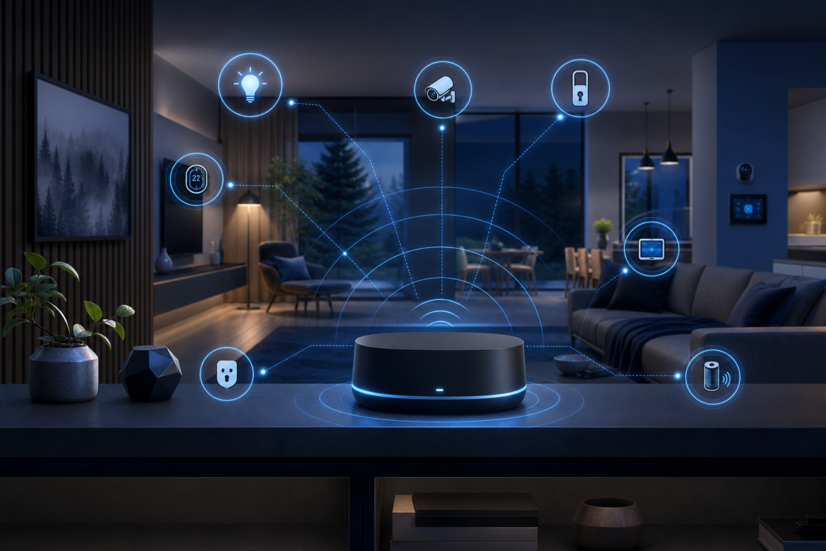 Smart home hub device on a shelf with wireless signal waves connecting to smart devices around a living room