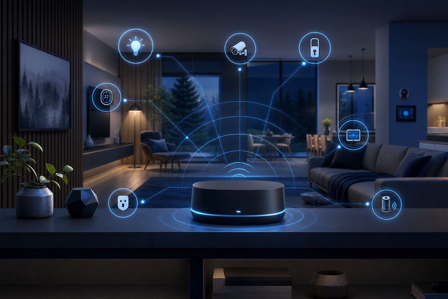 Smart home hub device on a shelf with wireless signal waves connecting to smart devices around a living room