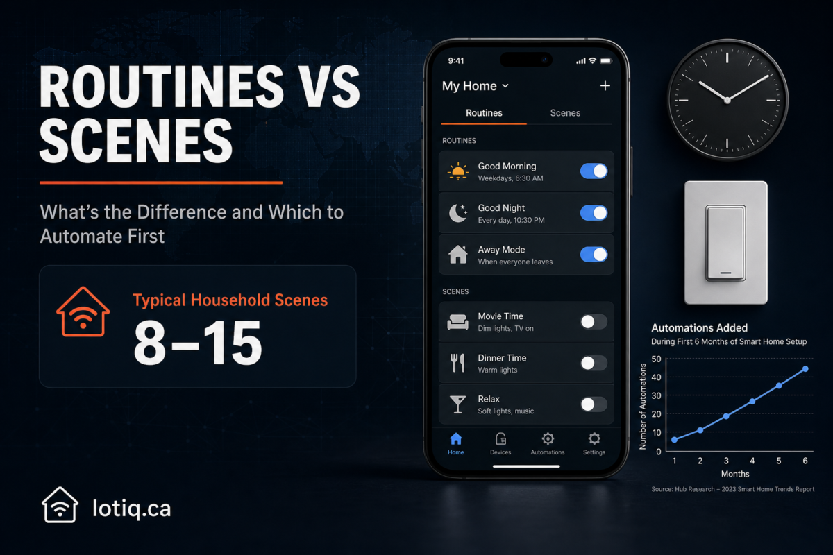 Smart home app interface comparing automated routines and manually triggered scenes for lighting and thermostat control