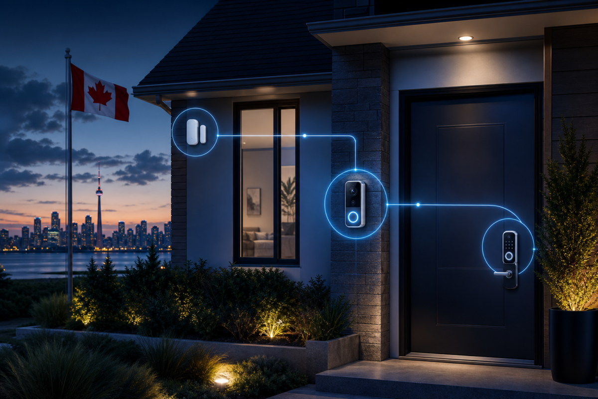 House exterior illustration showing a video doorbell, window contact sensor, and smart lock as connected security layers
