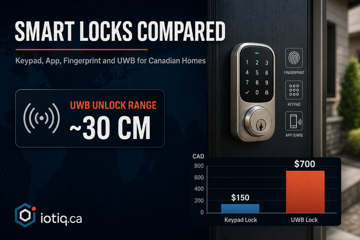 Comparison of keypad, app, fingerprint and UWB smart locks for Canadian homes, showing UWB proximity unlock range of about 30cm