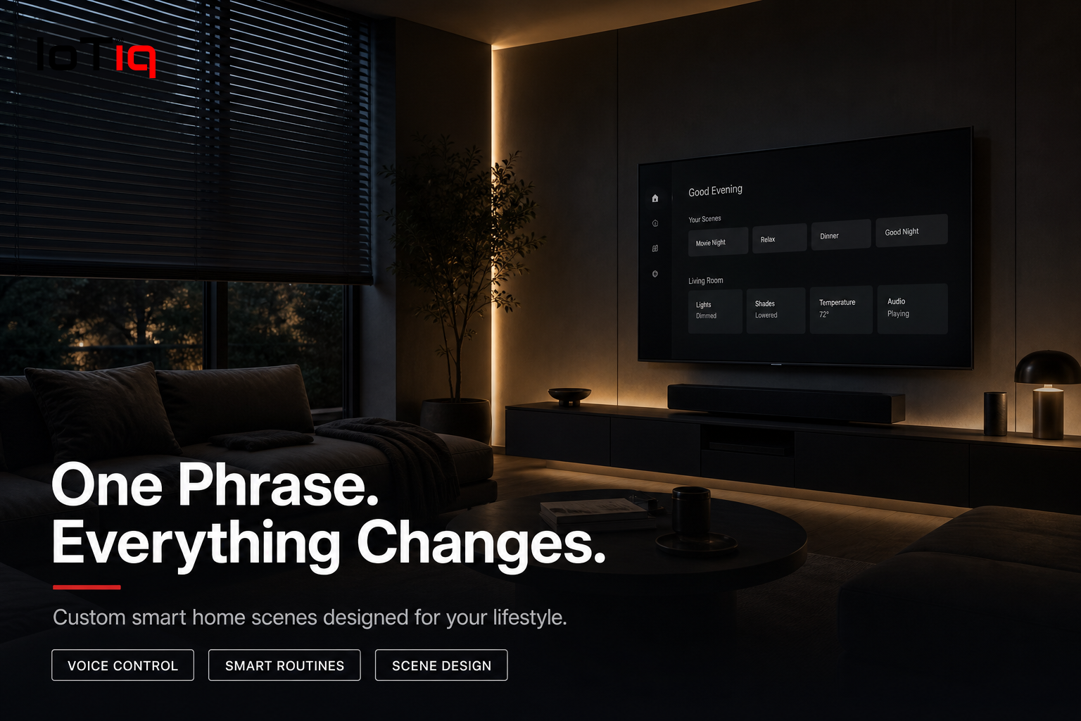 Luxurious living room with smart lighting and blinds controlled by voice commands
