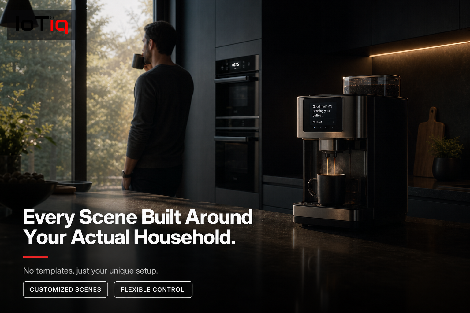 Modern kitchen with smart appliances and lighting for a morning routine