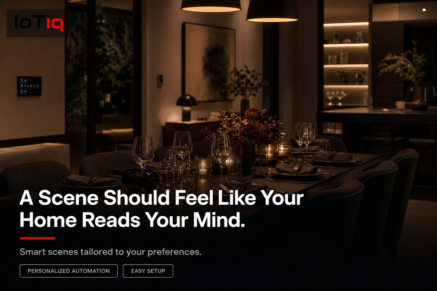 Dining room with smart lighting and sound system for a dinner party