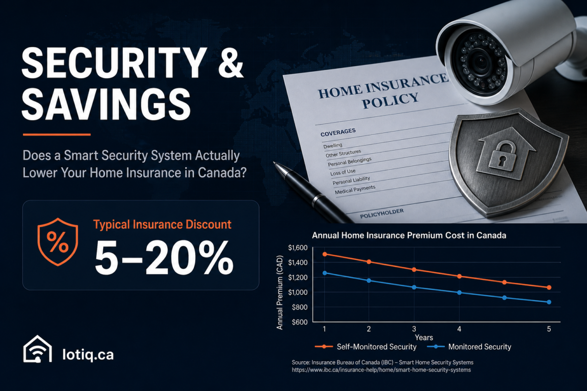 Home insurance policy document with a security camera and shield icon representing typical 5–20% smart security discount in Canada