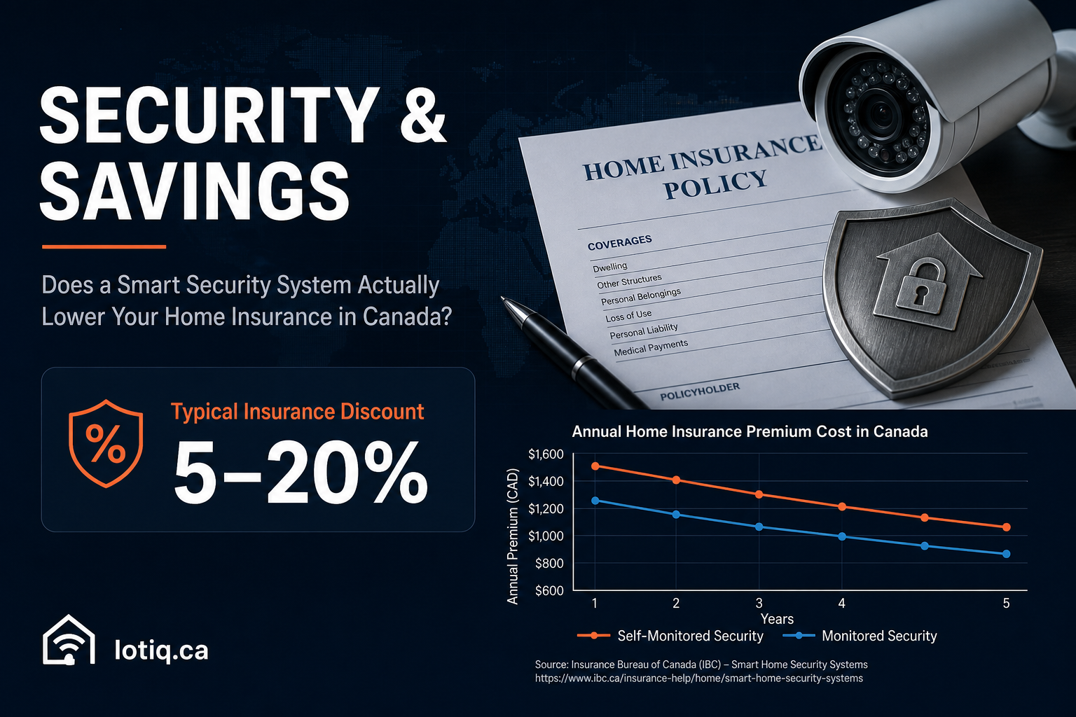 Home insurance policy document with a security camera and shield icon representing typical 5–20% smart security discount in Canada