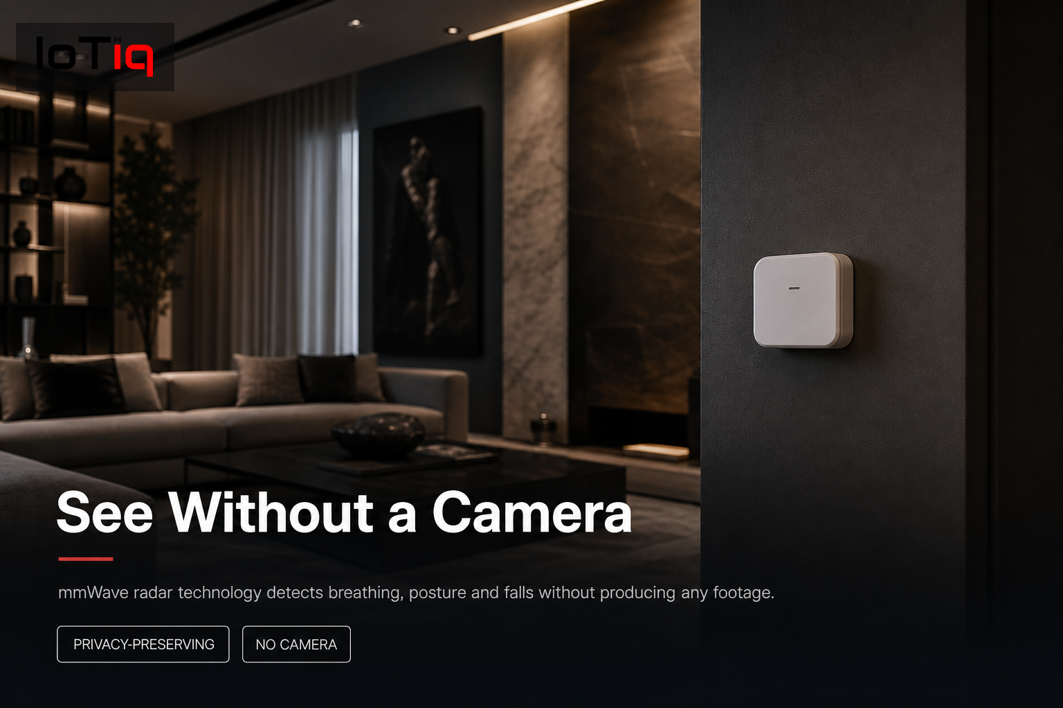 Modern living room with mmWave presence sensor for privacy-preserving home monitoring.