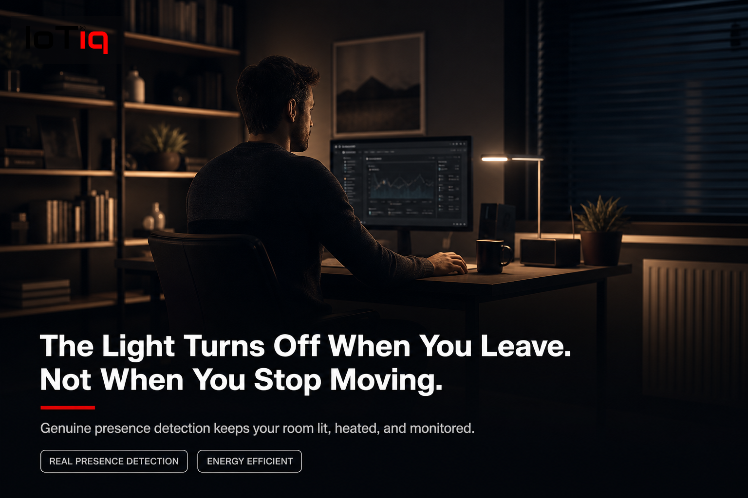 Home office with mmWave presence sensor ensuring continuous lighting and heating.