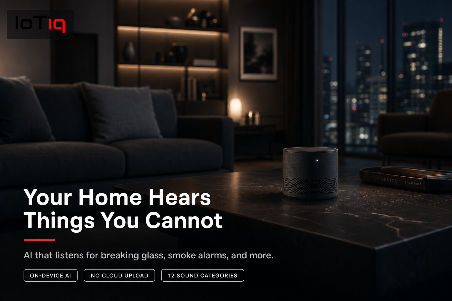 Smart sound recognition device in a modern living room with ambient lighting at night.