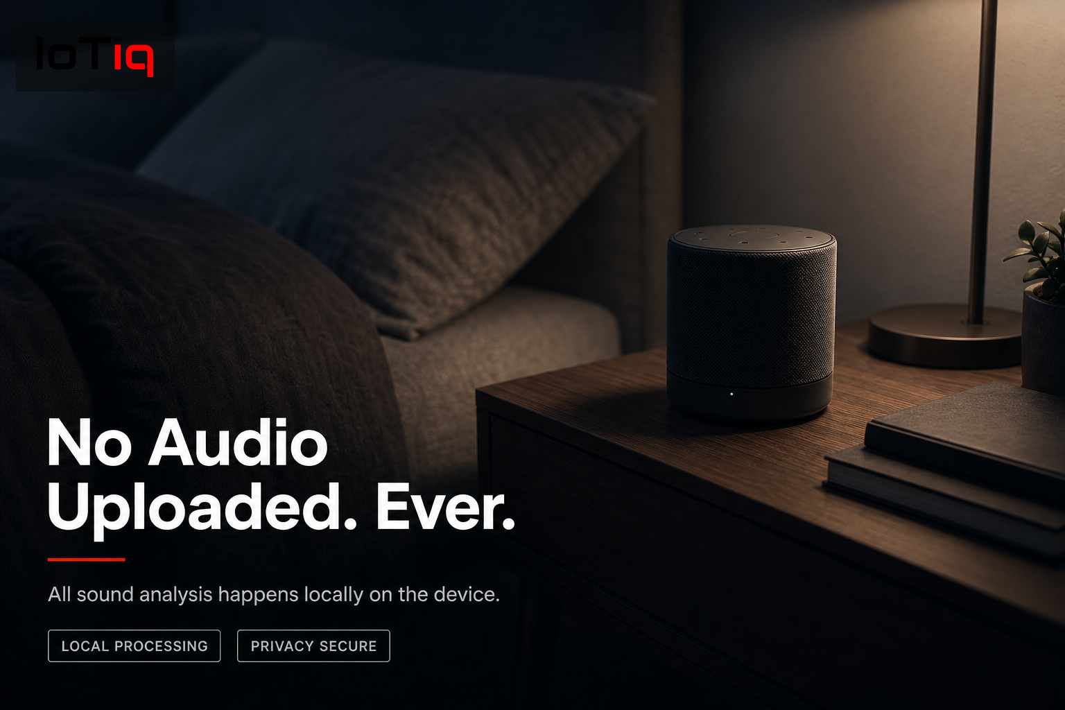 Smart sound device on a bedside table in a quiet bedroom at night.