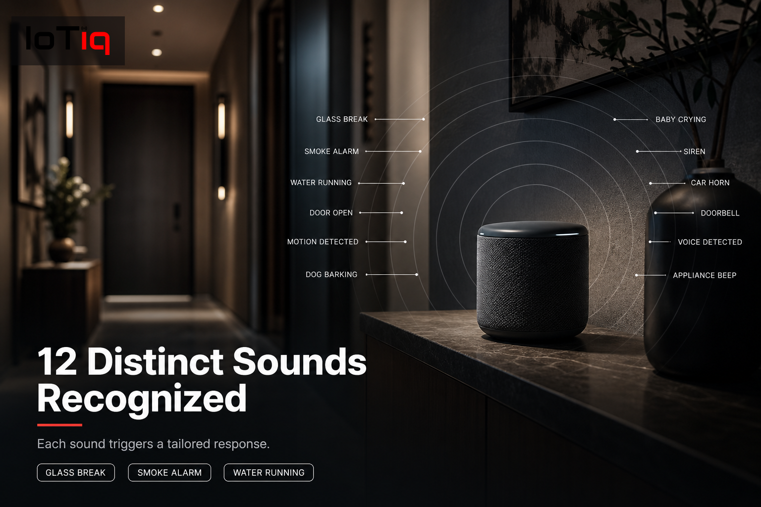 Close-up of a smart sound device in a hallway with sound wave diagram overlay.