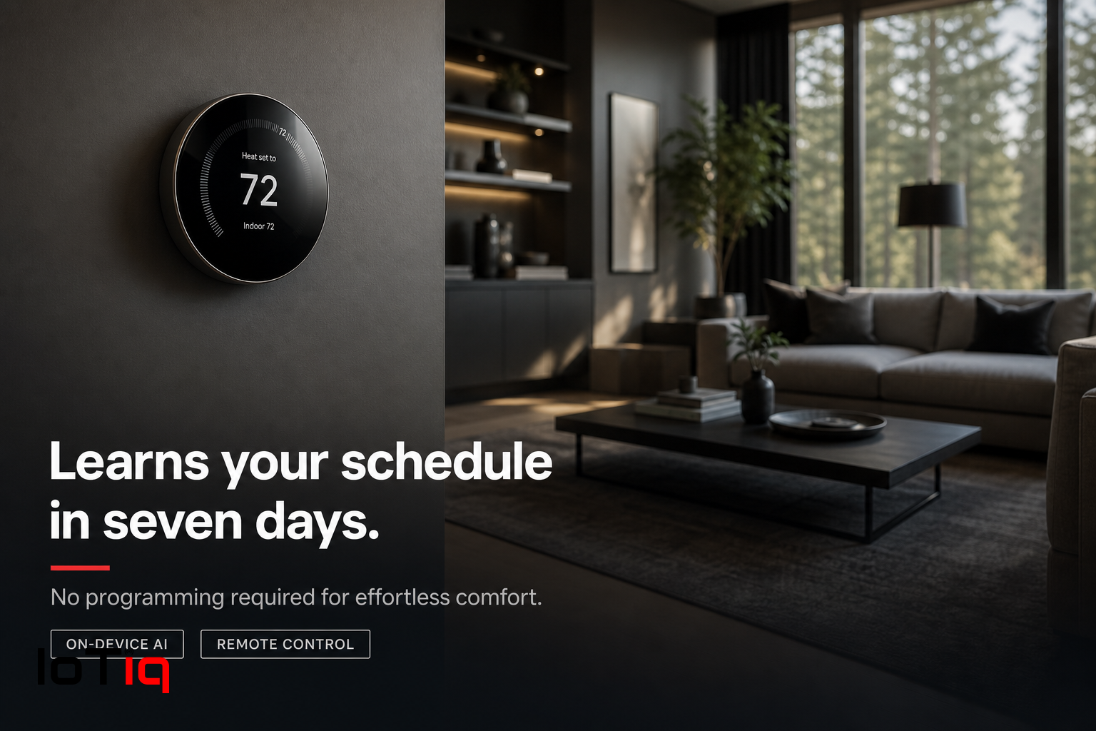 Smart thermostat on a wall in a modern living room, learns schedule