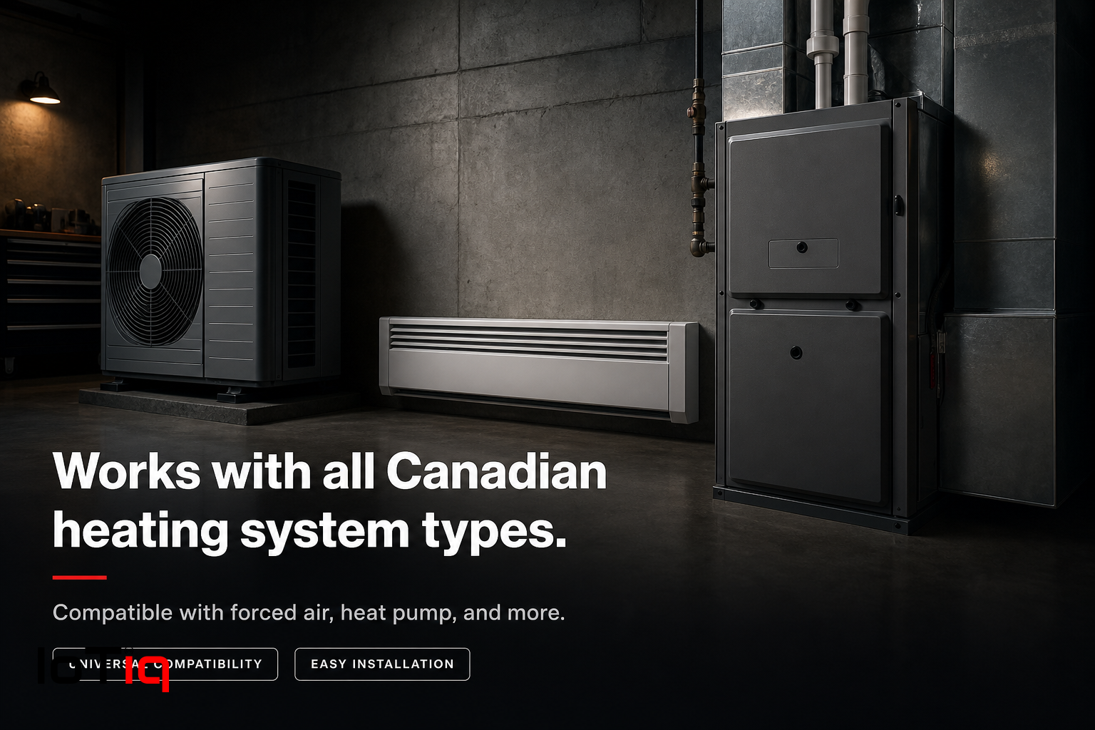Variety of heating systems in industrial room, compatible with smart thermostat