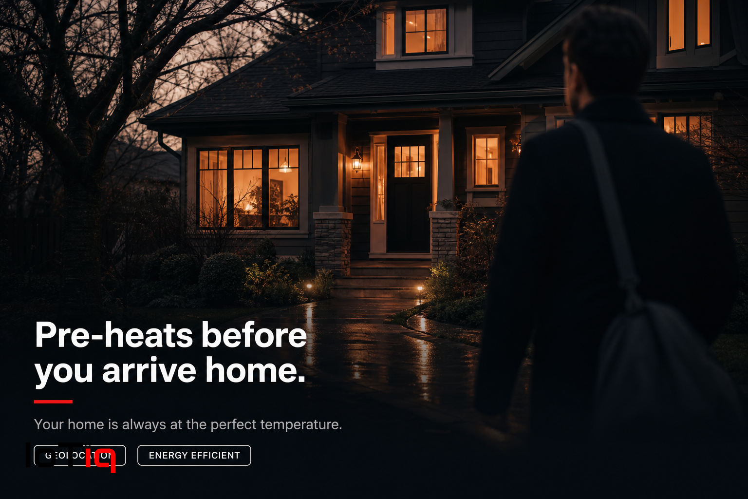 Exterior of a cozy home at dusk with warm light, smart thermostat pre-heats