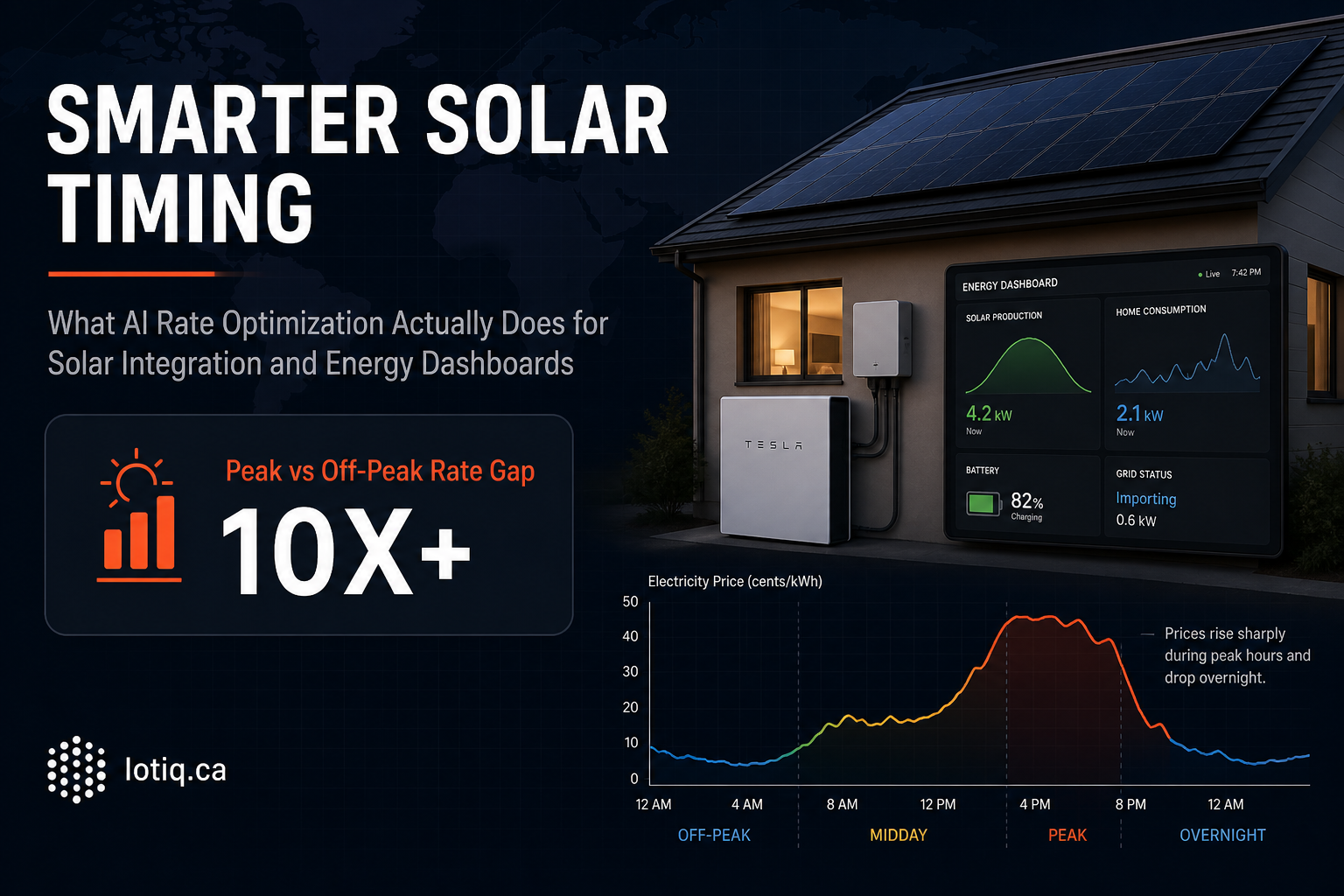 Rooftop solar panels connected to a home battery with an energy dashboard showing AI-optimized time-of-use rate management