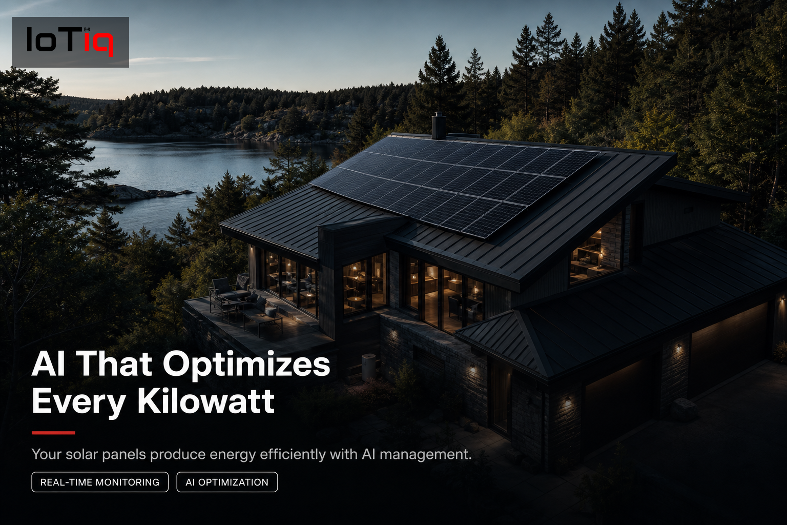 Aerial view of a Canadian home with solar panels showcasing AI optimization for energy management.