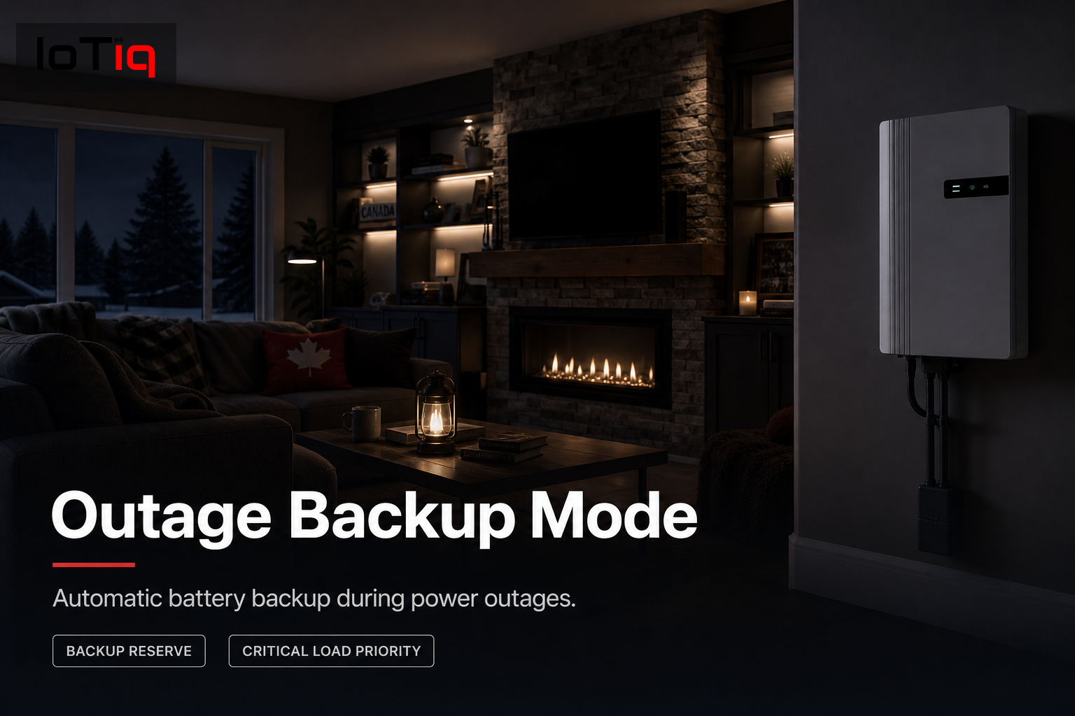 Living room lit by battery backup during a power outage, demonstrating smart energy management.