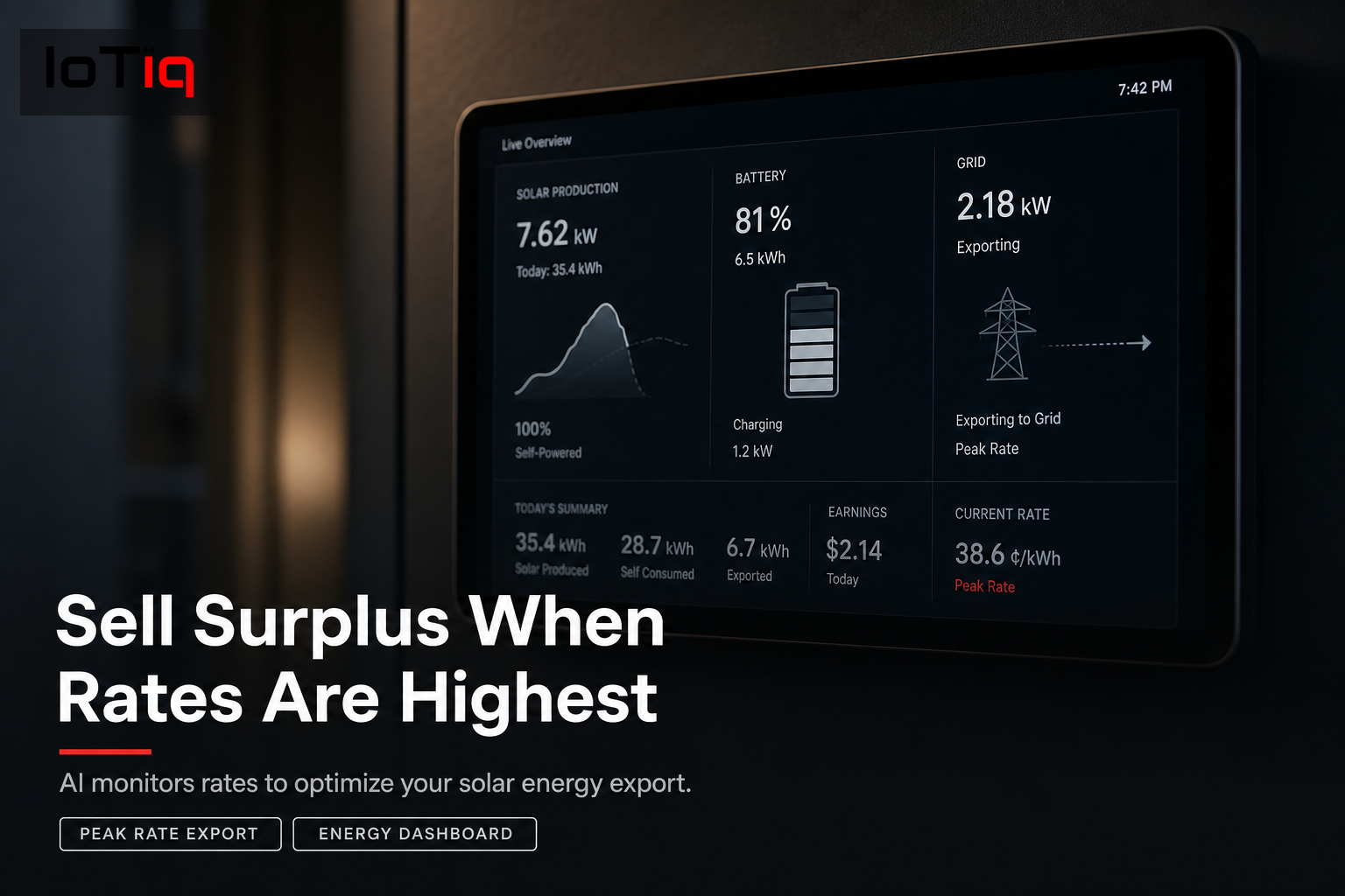Digital energy dashboard displaying real-time solar energy data and export rates.