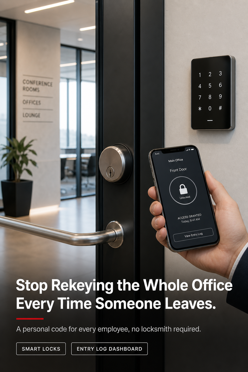 A smart lock on a small office main entry with individual employee access codes.