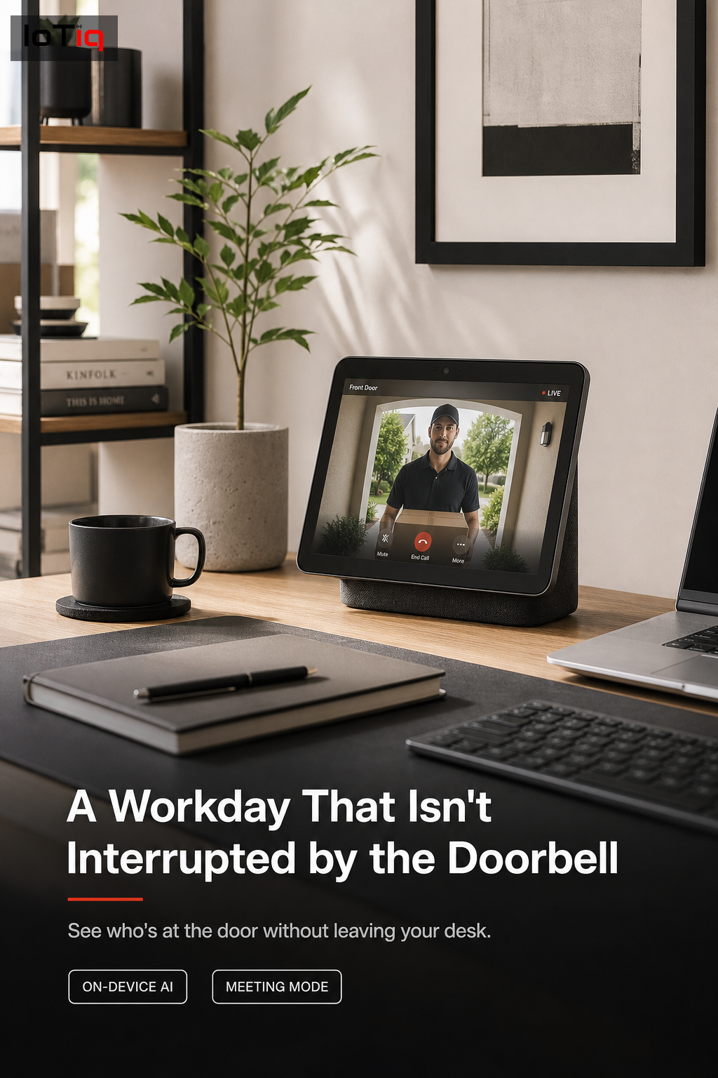 A home office desk with a small display showing a doorbell feed during a video call.