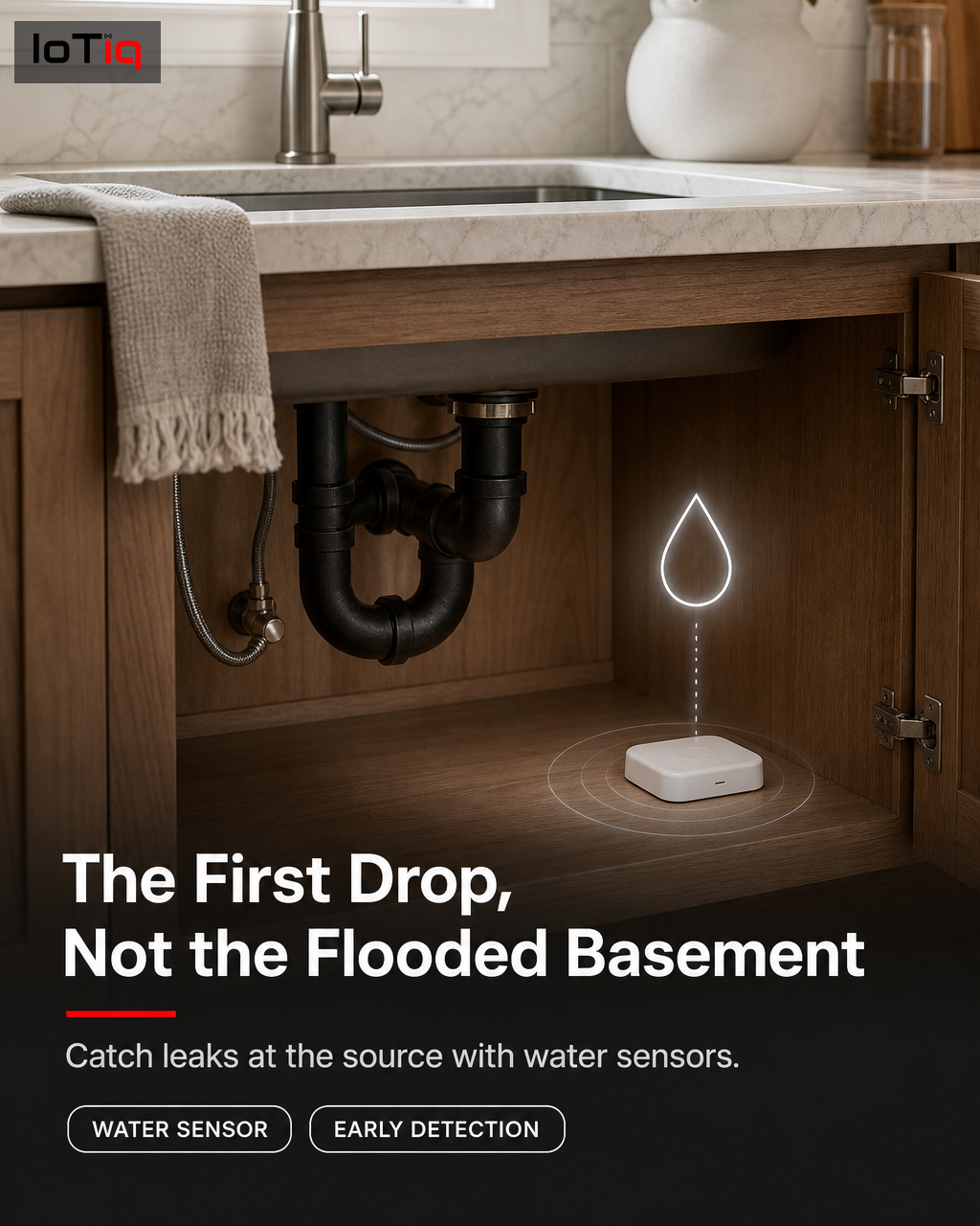 A water leak sensor placed under a sink near a water heater in a seasonal cottage.