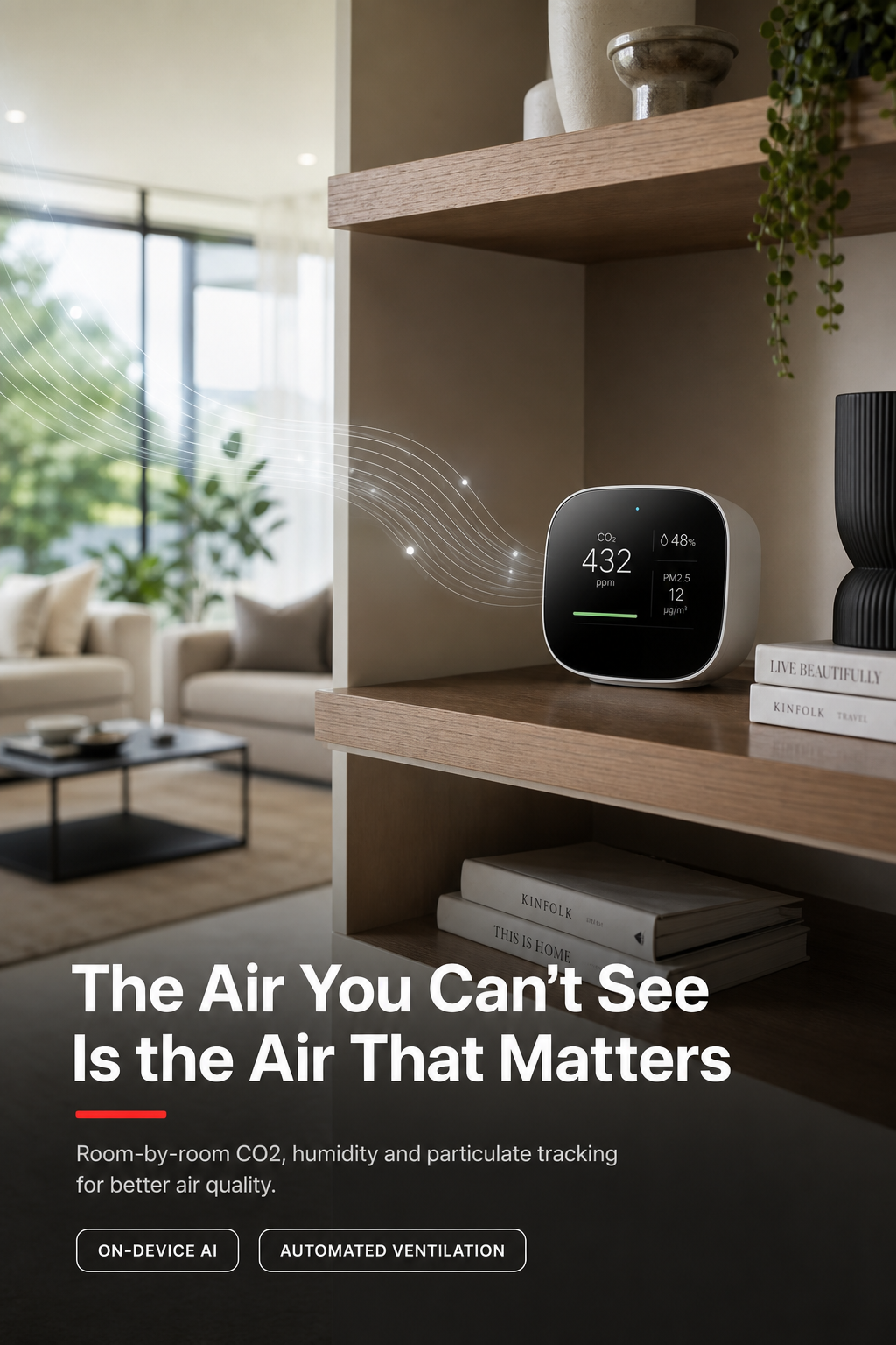 An air quality sensor tracking CO2 and humidity in a family living room.