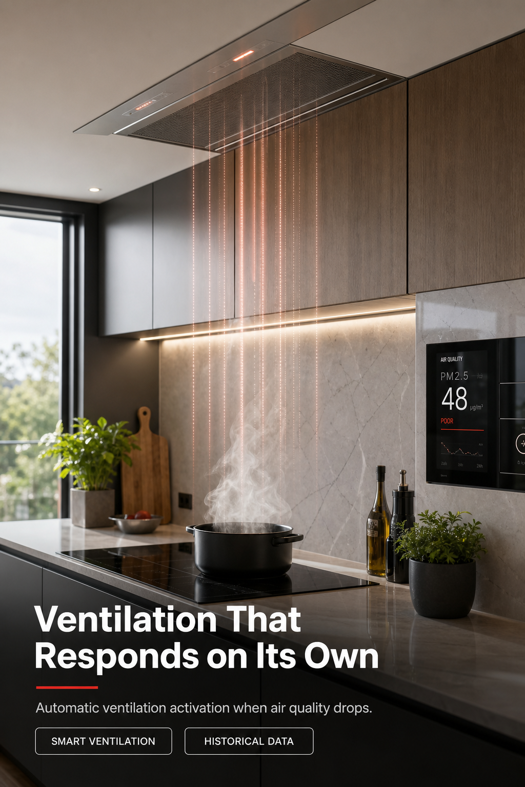 Automated ventilation activating in response to an air quality alert.