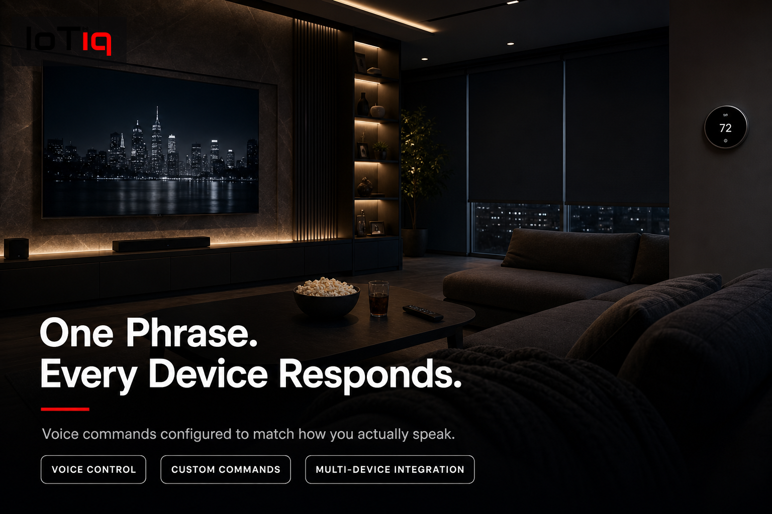 Luxurious living room with smart home devices responding to voice command