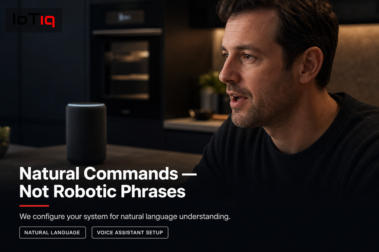 Person speaking naturally to a smart speaker in a modern kitchen