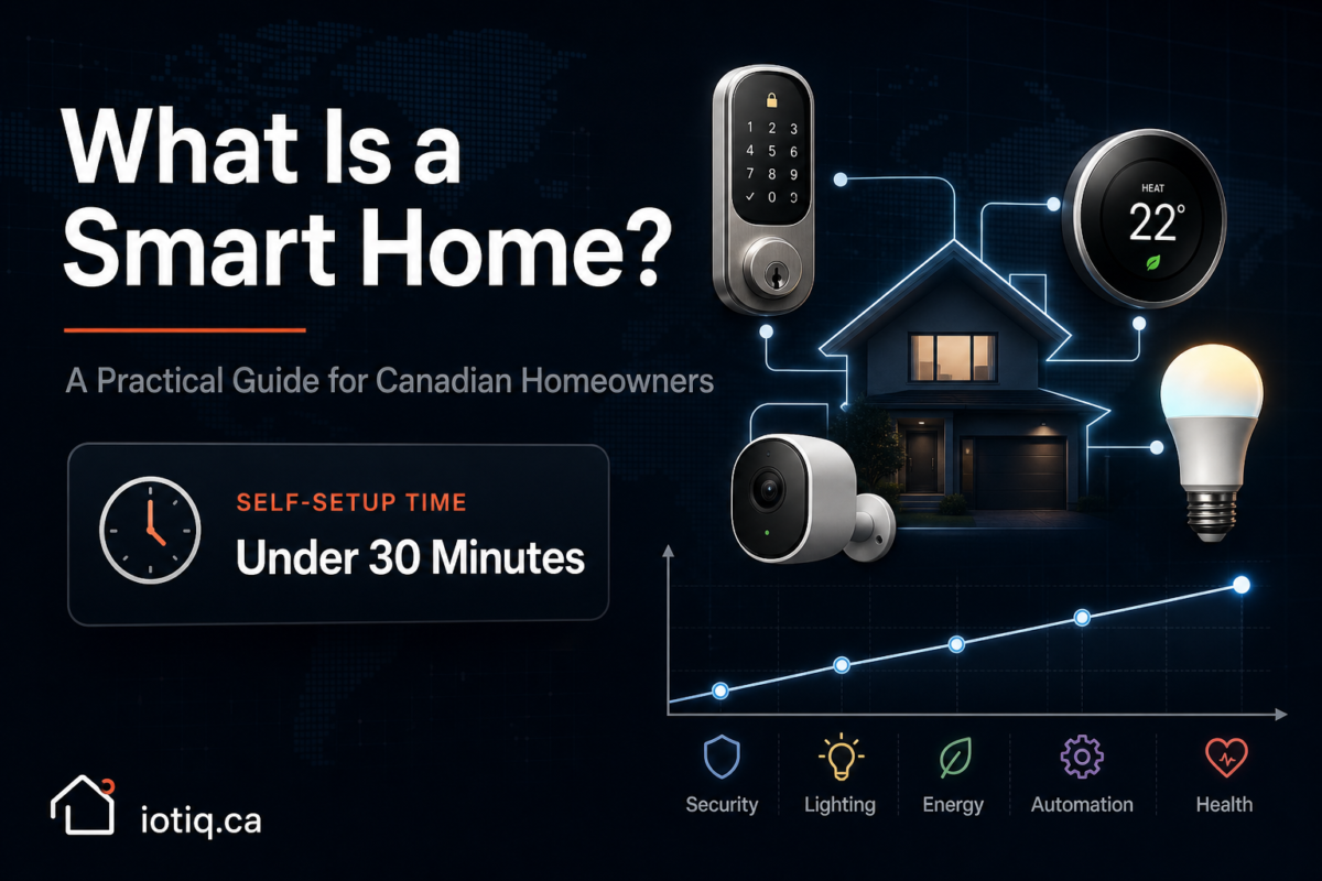 Design banner explaining what a smart home is, showing connected devices and a 30-minute self-setup time for Canadian homeowners