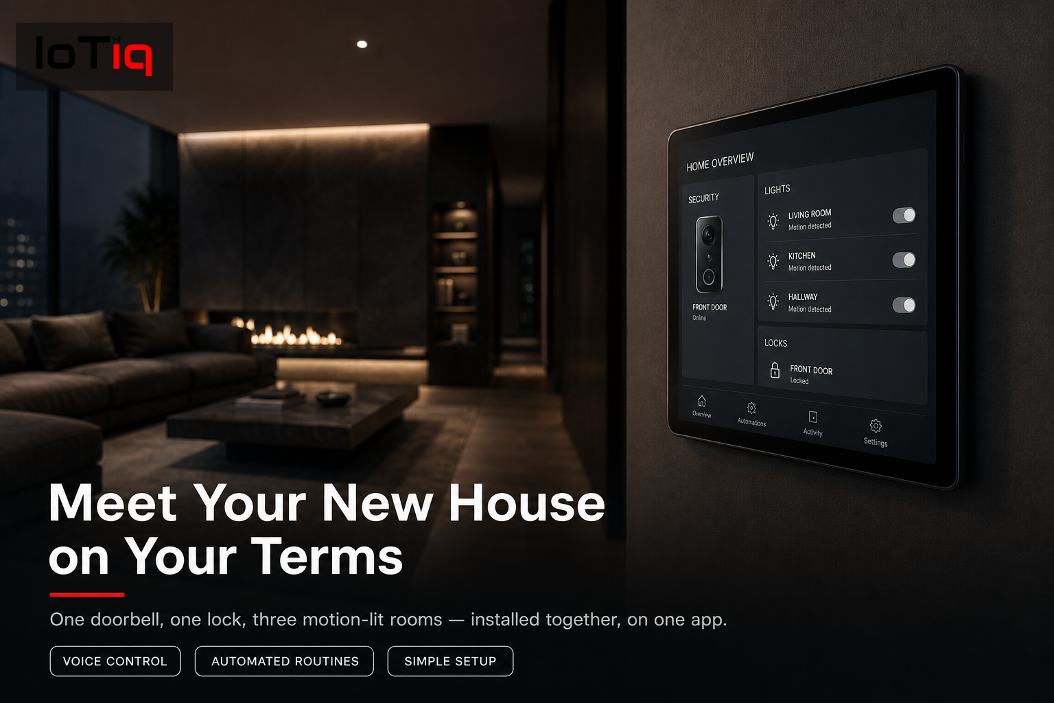 A video doorbell and smart lock installed at the front door of a new Canadian home.
