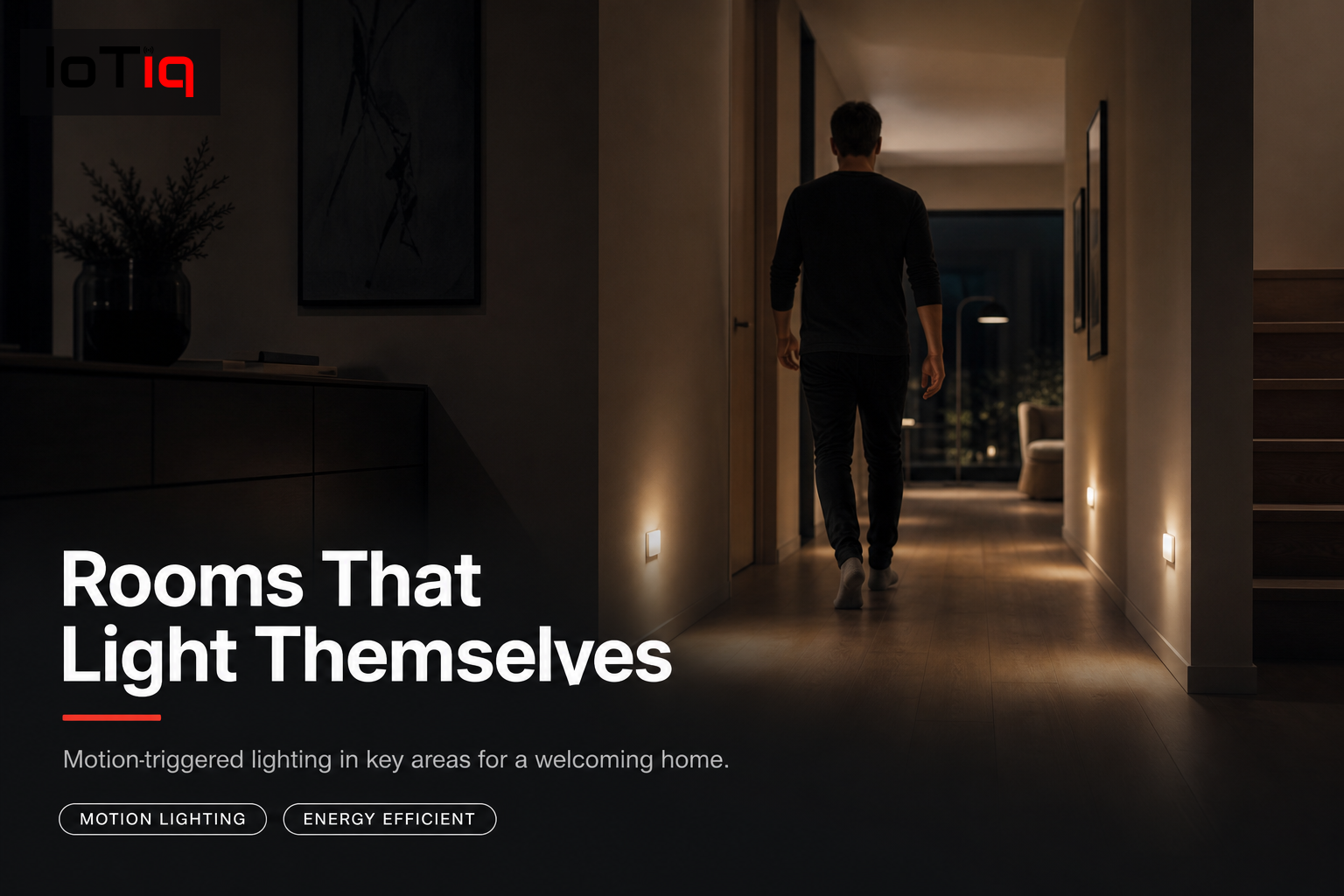 Motion-activated hallway lighting turning on automatically in a newly moved-into home.