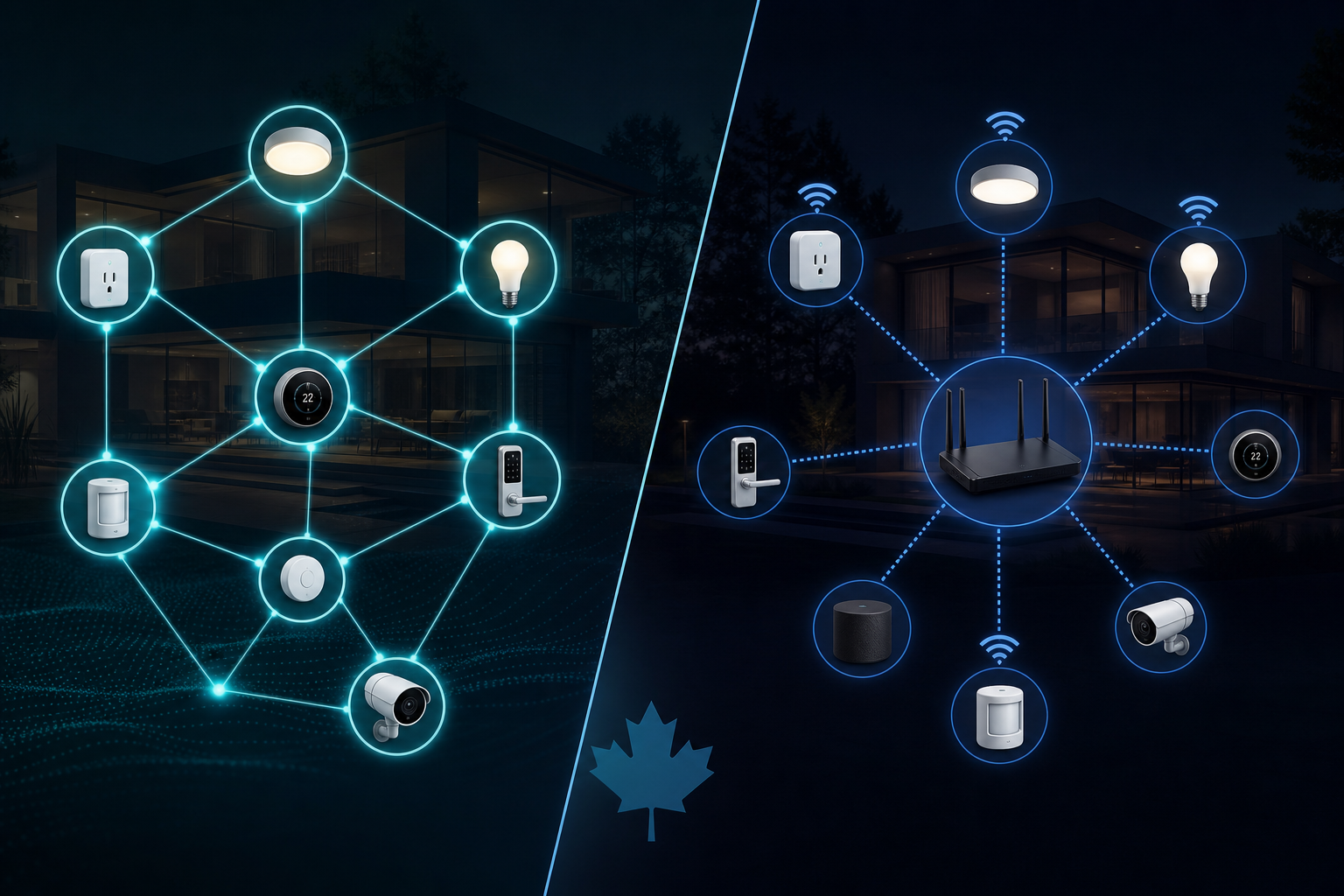 Split illustration comparing a Zigbee mesh device network against Wi-Fi devices connecting individually to a router