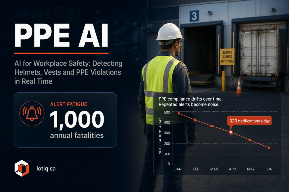 AI-based workplace safety monitoring for helmets, hi-vis vests, and PPE violations in real time, with industrial compliance data and a warehouse safety scene.